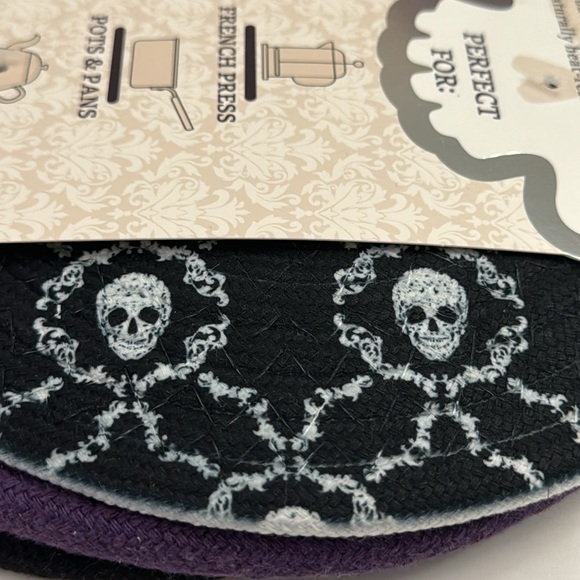 3pc BKLYN Steel Co. Round Woven Trivet Set- Purple Skulls -8” In Diameter - Picture 7 of 7